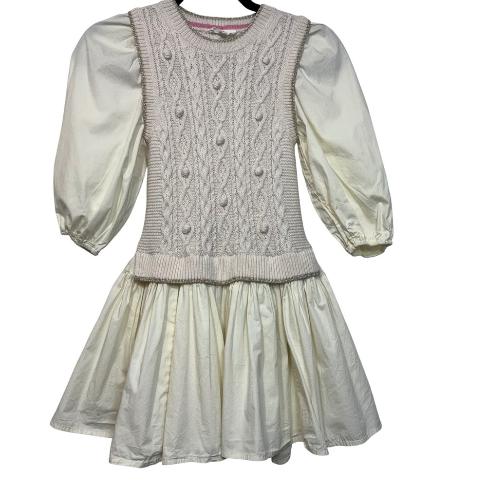 A Loves A Girls Cream Cable Knit Puff Sleeve Dress Sz M Academia Classic Preppy